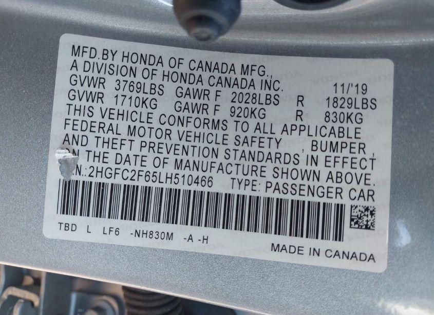 Photo 9 of 2020 Honda Civic LX (VIN 2HGFC2F65LH510466)