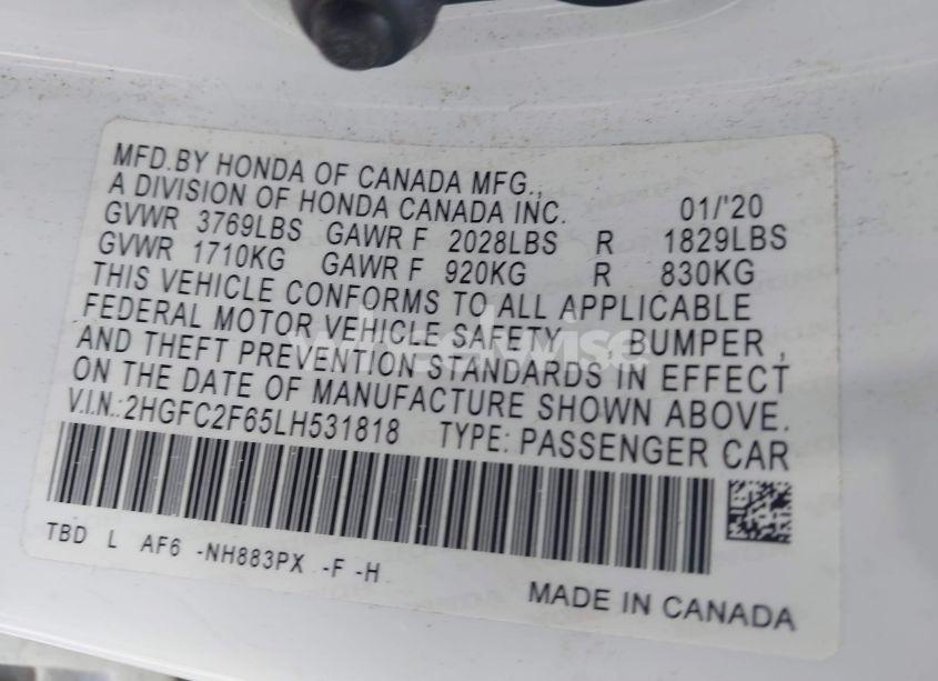 Photo 9 of 2020 Honda Civic LX (VIN 2HGFC2F65LH531818)