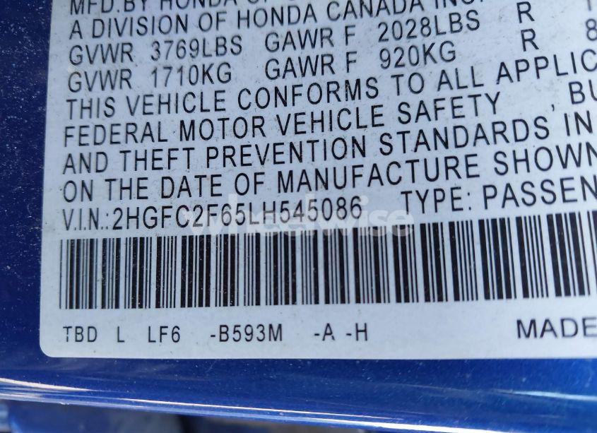 Photo 9 of 2020 Honda Civic LX (VIN 2HGFC2F65LH545086)