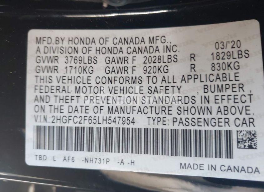 Photo 9 of 2020 Honda Civic LX (VIN 2HGFC2F65LH547954)