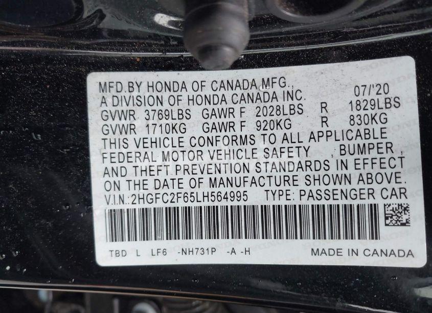 Photo 9 of 2020 Honda Civic LX (VIN 2HGFC2F65LH564995)