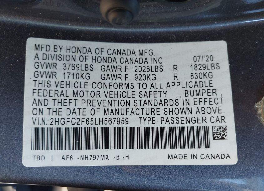 Photo 9 of 2020 Honda Civic LX (VIN 2HGFC2F65LH567959)