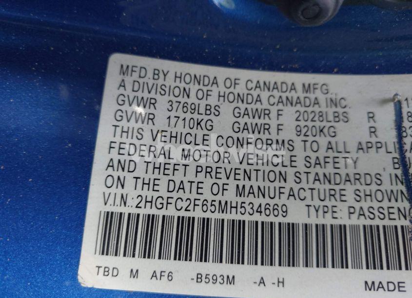 Photo 9 of 2021 Honda Civic LX (VIN 2HGFC2F65MH534669)