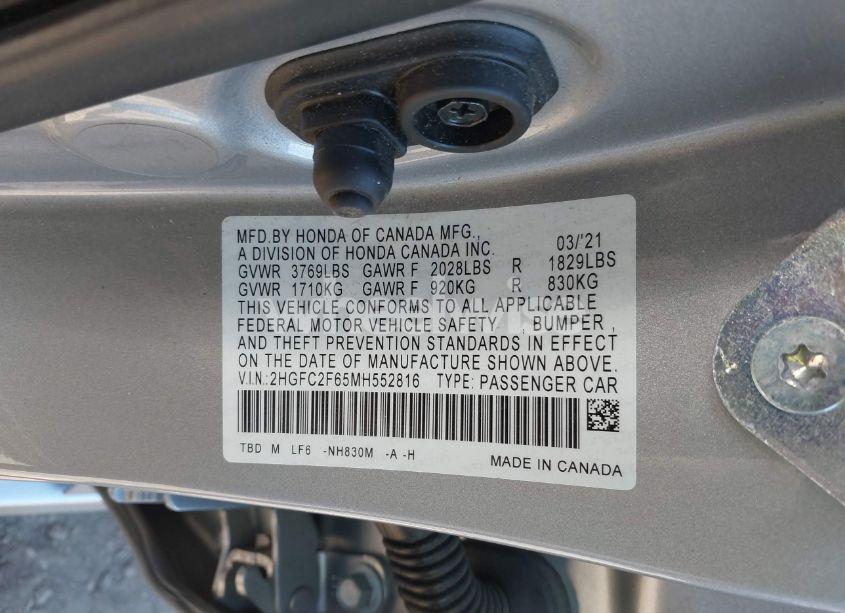 Photo 9 of 2021 Honda Civic LX (VIN 2HGFC2F65MH552816)