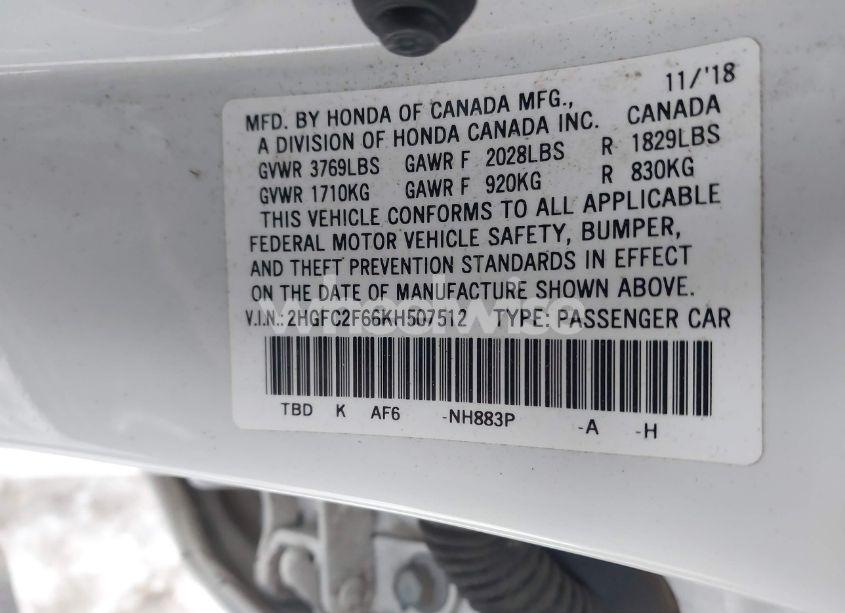 Photo 9 of 2019 Honda Civic SEDAN (VIN 2HGFC2F66KH507512)