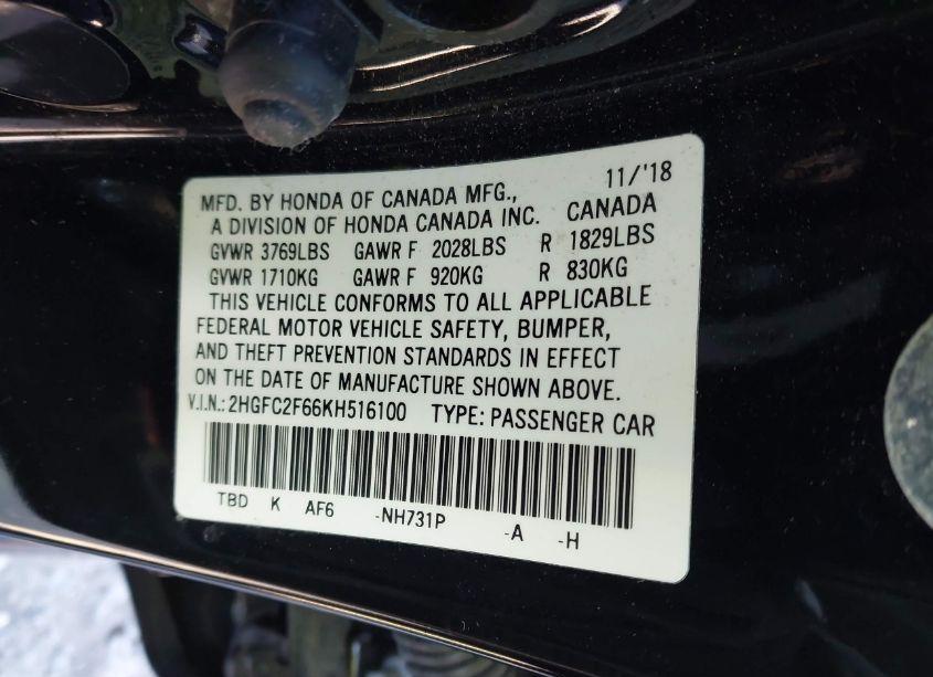 Photo 9 of 2019 Honda Civic LX (VIN 2HGFC2F66KH516100)