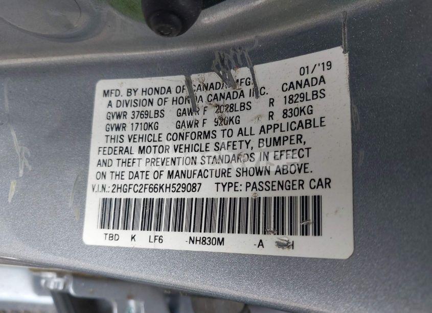 Photo 9 of 2019 Honda Civic LX (VIN 2HGFC2F66KH529087)