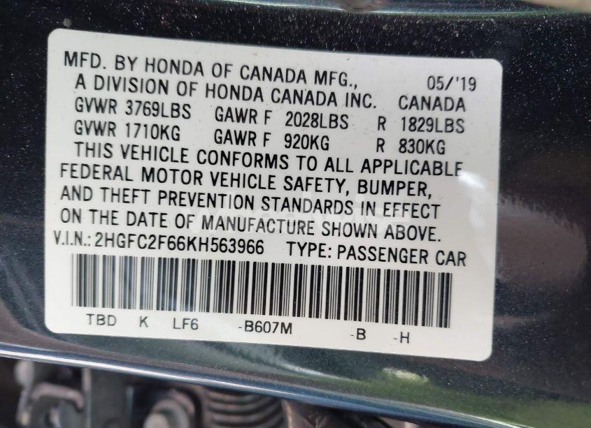 Photo 9 of 2019 Honda Civic LX (VIN 2HGFC2F66KH563966)