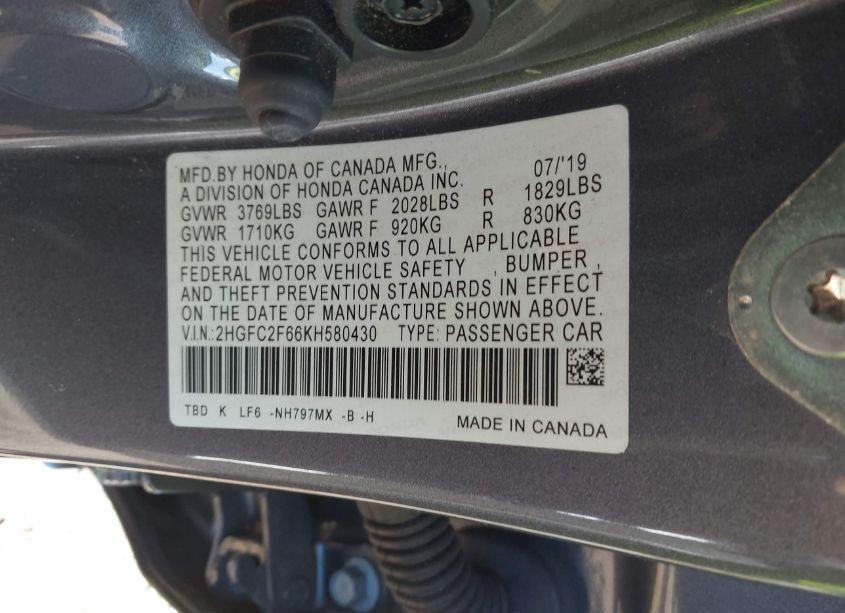 Photo 9 of 2019 Honda Civic LX (VIN 2HGFC2F66KH580430)