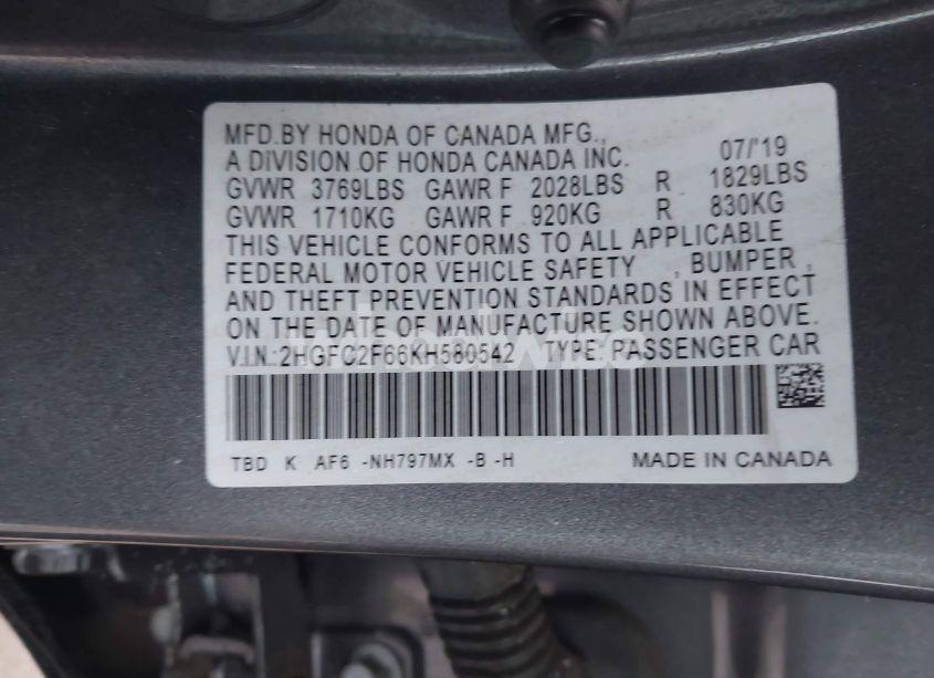 Photo 9 of 2019 Honda Civic LX (VIN 2HGFC2F66KH580542)