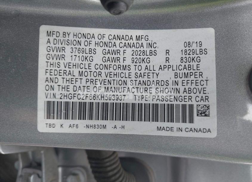 Photo 9 of 2019 Honda Civic LX (VIN 2HGFC2F66KH593937)