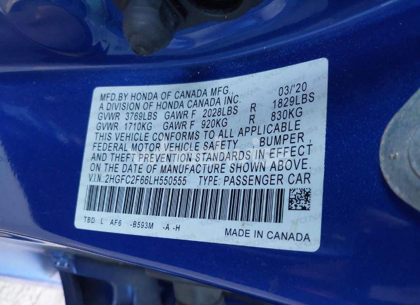 Photo 9 of 2020 Honda Civic LX (VIN 2HGFC2F66LH550555)