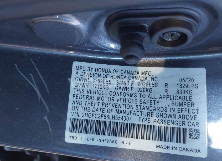 Photo 9 of 2020 Honda Civic LX (VIN 2HGFC2F66LH554007)