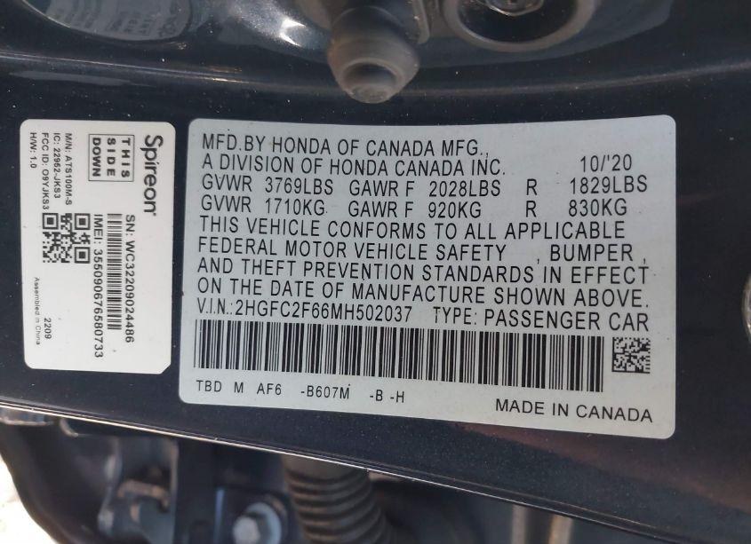 Photo 9 of 2021 Honda Civic LX (VIN 2HGFC2F66MH502037)