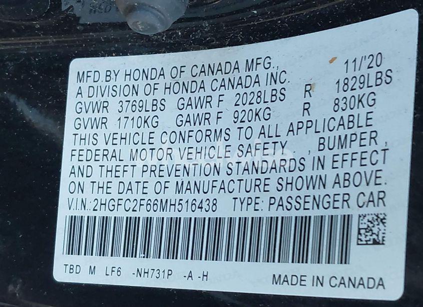 Photo 9 of 2021 Honda Civic LX (VIN 2HGFC2F66MH516438)