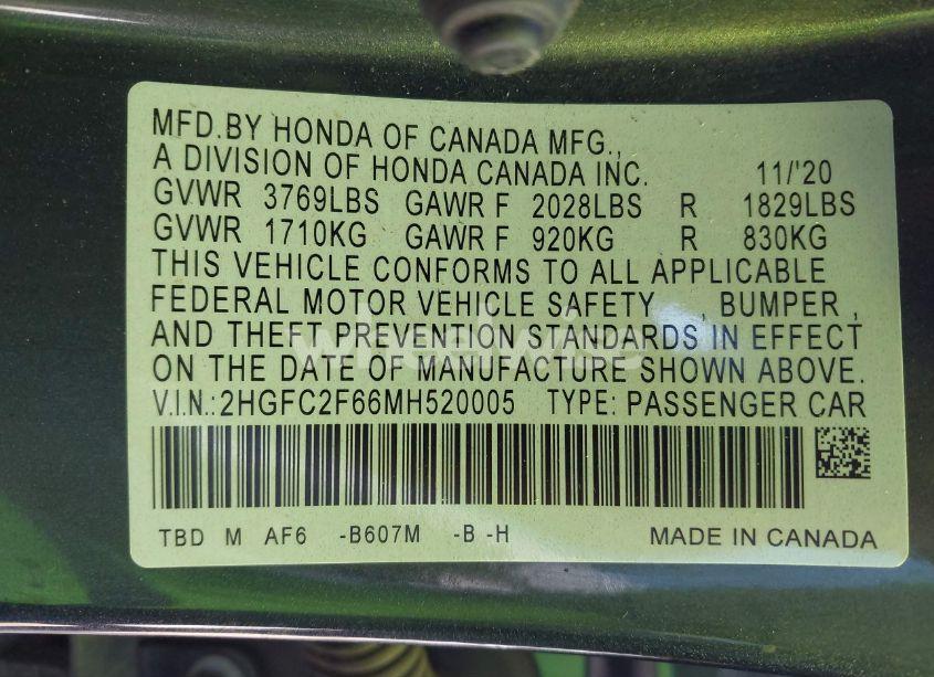 Photo 9 of 2021 Honda Civic LX (VIN 2HGFC2F66MH520005)