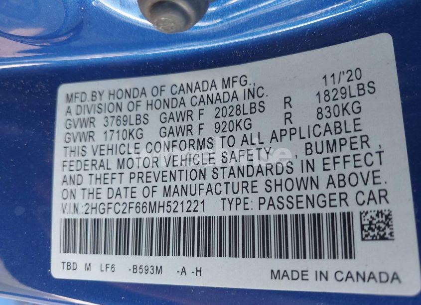 Photo 9 of 2021 Honda Civic LX (VIN 2HGFC2F66MH521221)