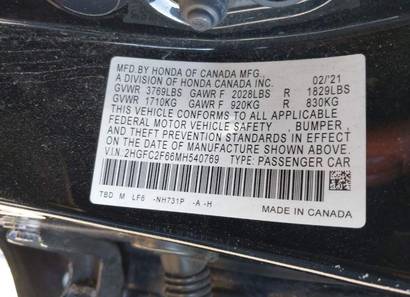 Photo 9 of 2021 Honda Civic LX (VIN 2HGFC2F66MH540769)