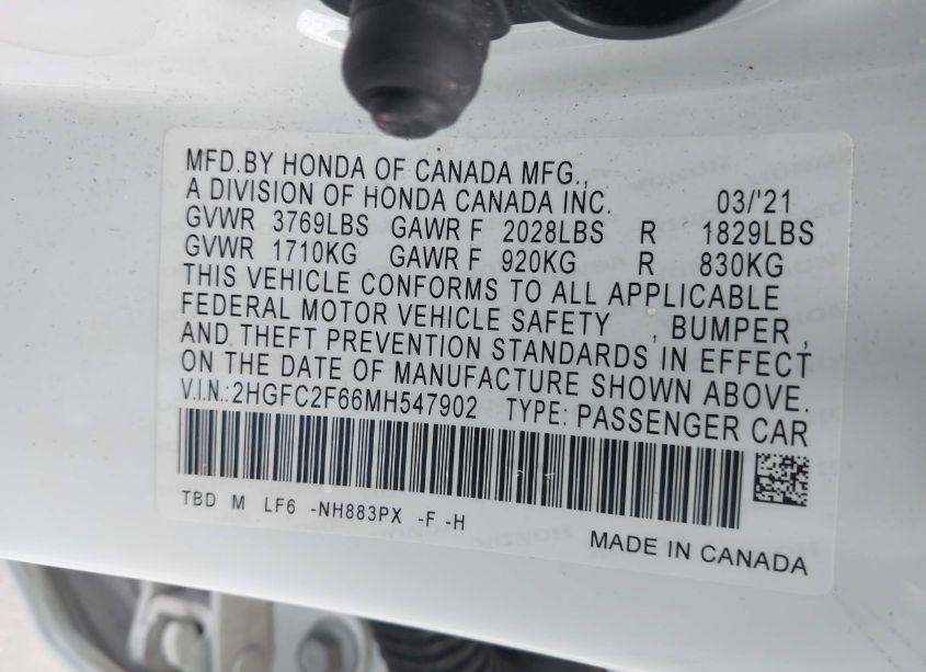 Photo 9 of 2021 Honda Civic LX (VIN 2HGFC2F66MH547902)