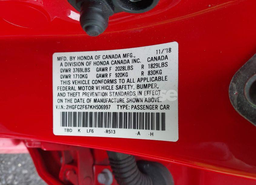 Photo 9 of 2019 Honda Civic LX (VIN 2HGFC2F67KH506997)