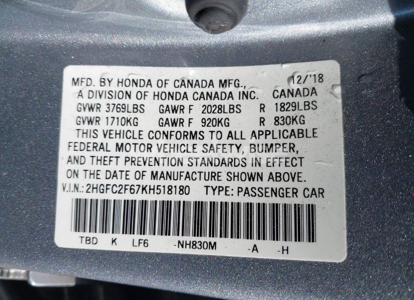 Photo 9 of 2019 Honda Civic LX (VIN 2HGFC2F67KH518180)