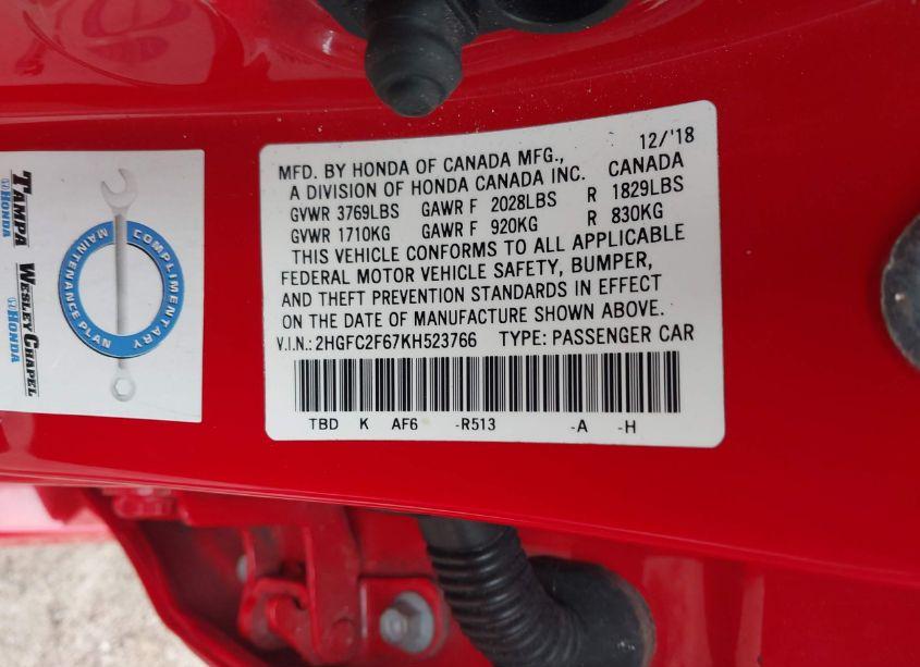 Photo 9 of 2019 Honda Civic LX (VIN 2HGFC2F67KH523766)