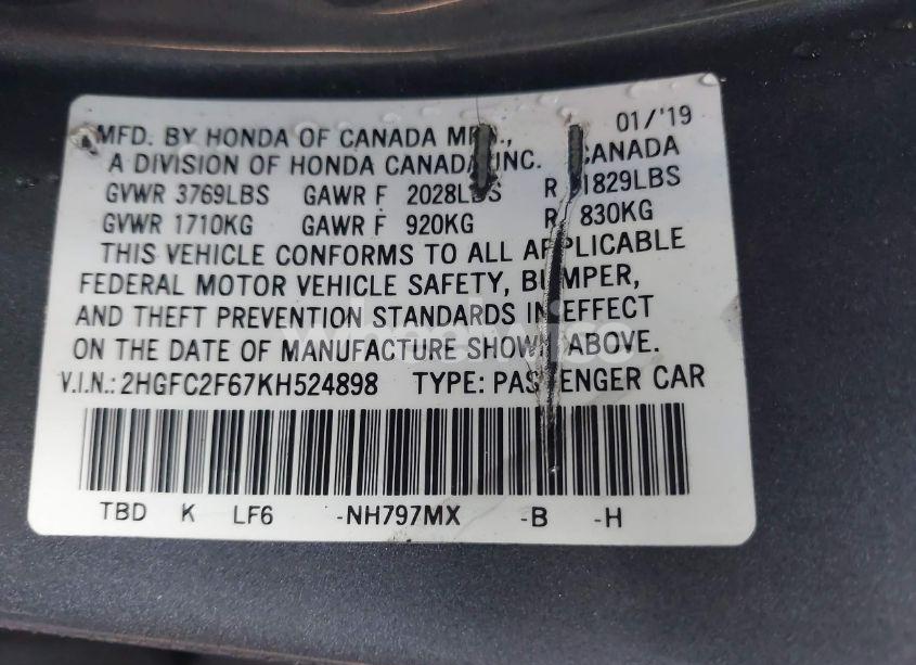 Photo 9 of 2019 Honda Civic LX (VIN 2HGFC2F67KH524898)