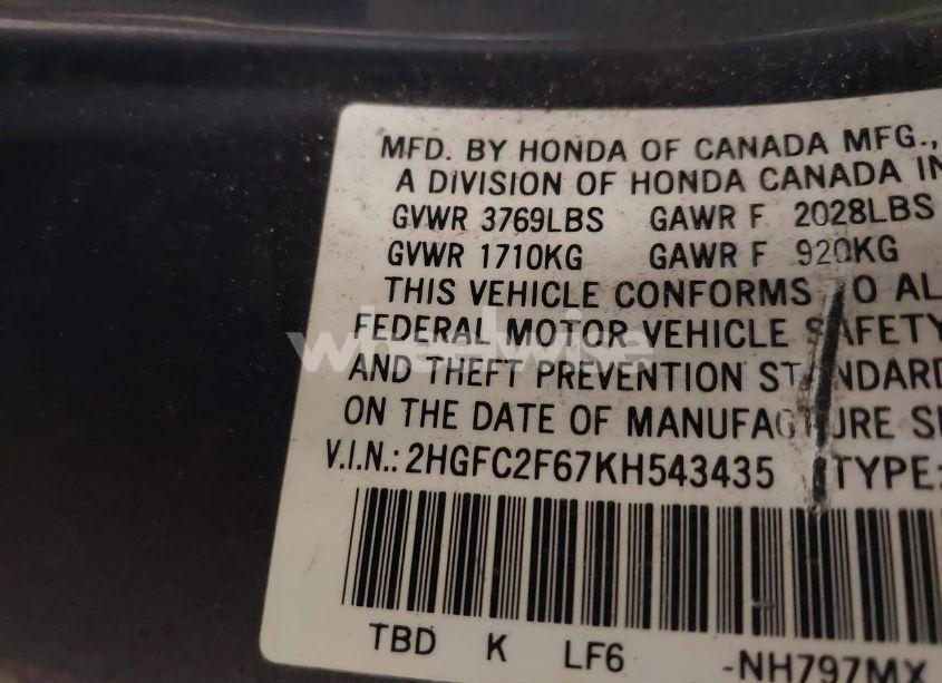 Photo 9 of 2019 Honda Civic LX (VIN 2HGFC2F67KH543435)