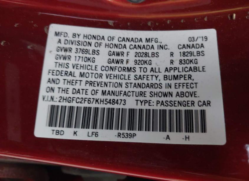 Photo 9 of 2019 Honda Civic LX (VIN 2HGFC2F67KH548473)