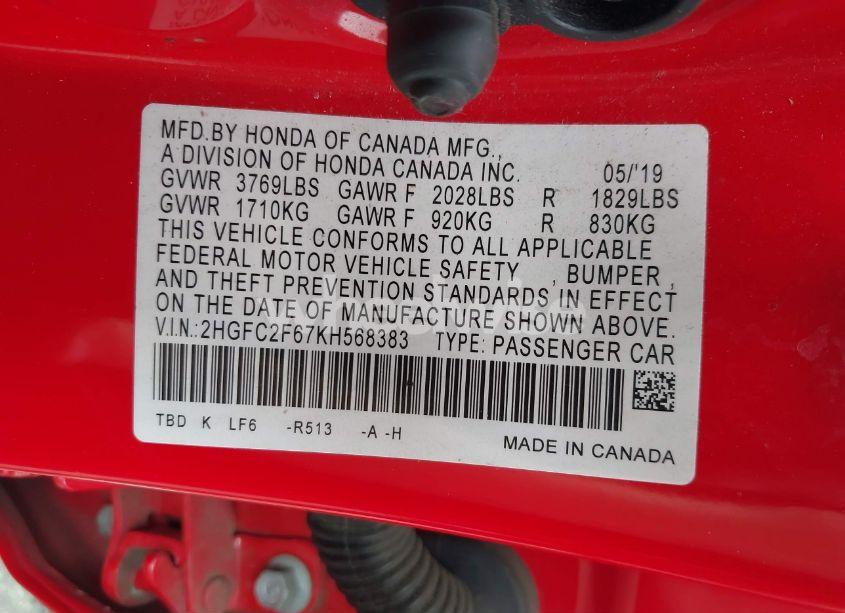 Photo 9 of 2019 Honda Civic LX (VIN 2HGFC2F67KH568383)