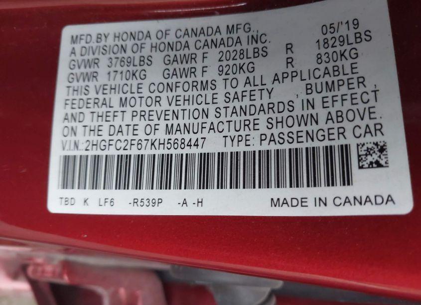 Photo 9 of 2019 Honda Civic LX (VIN 2HGFC2F67KH568447)