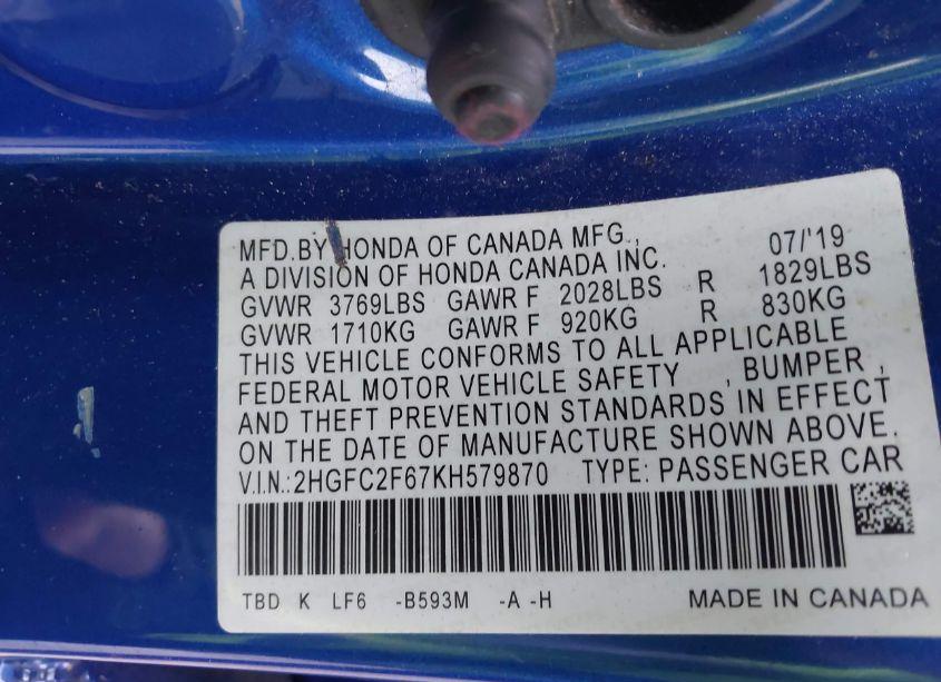 Photo 9 of 2019 Honda Civic LX (VIN 2HGFC2F67KH579870)