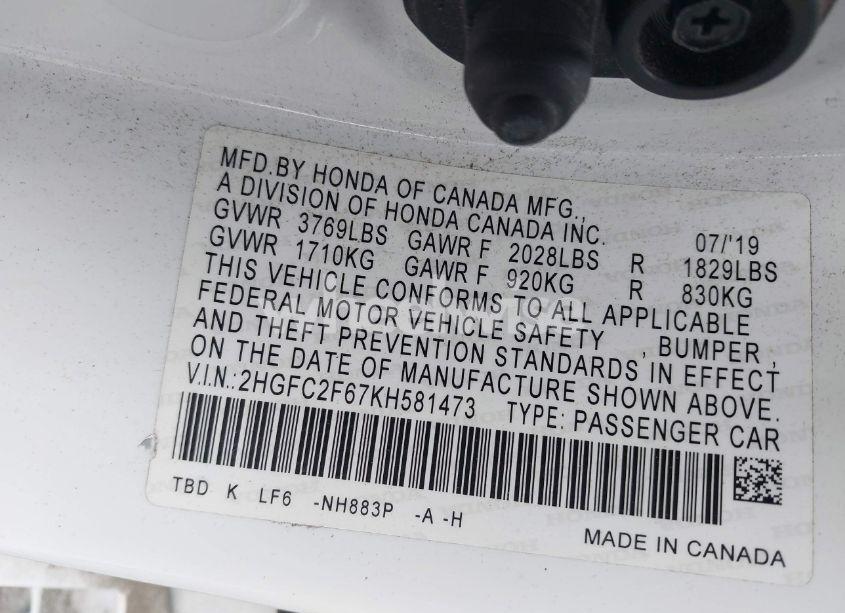 Photo 9 of 2019 Honda Civic LX (VIN 2HGFC2F67KH581473)