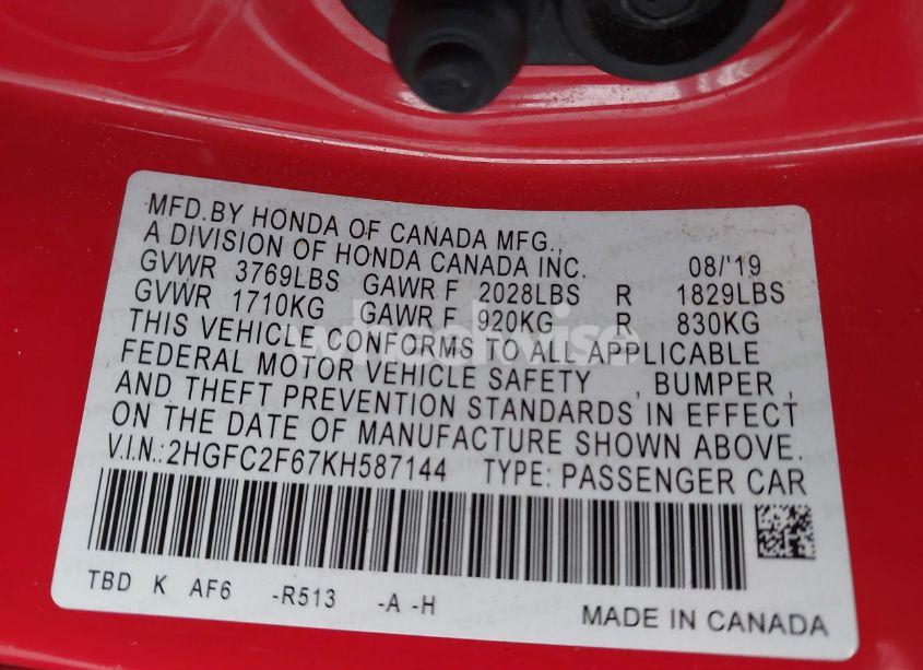 Photo 9 of 2019 Honda Civic LX (VIN 2HGFC2F67KH587144)