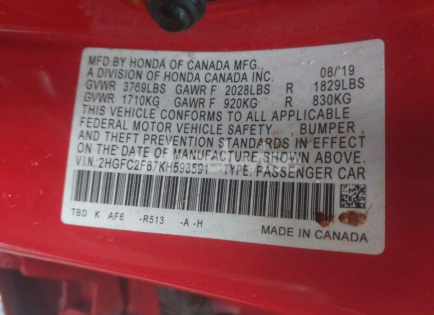 Photo 9 of 2019 Honda Civic LX (VIN 2HGFC2F67KH593591)