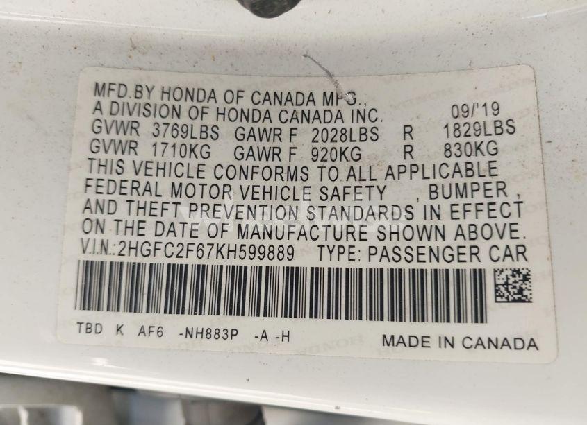 Photo 9 of 2019 Honda Civic LX (VIN 2HGFC2F67KH599889)