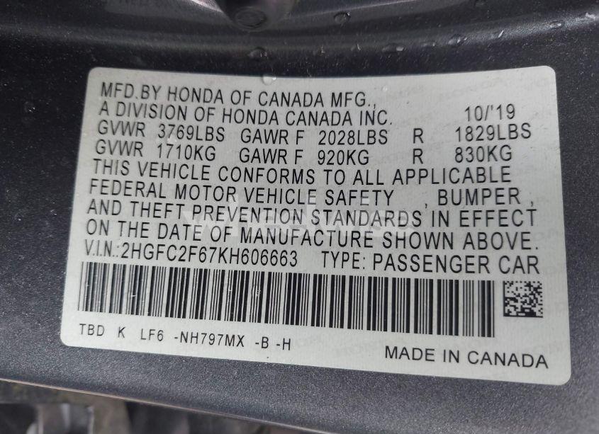 Photo 9 of 2019 Honda Civic LX (VIN 2HGFC2F67KH606663)