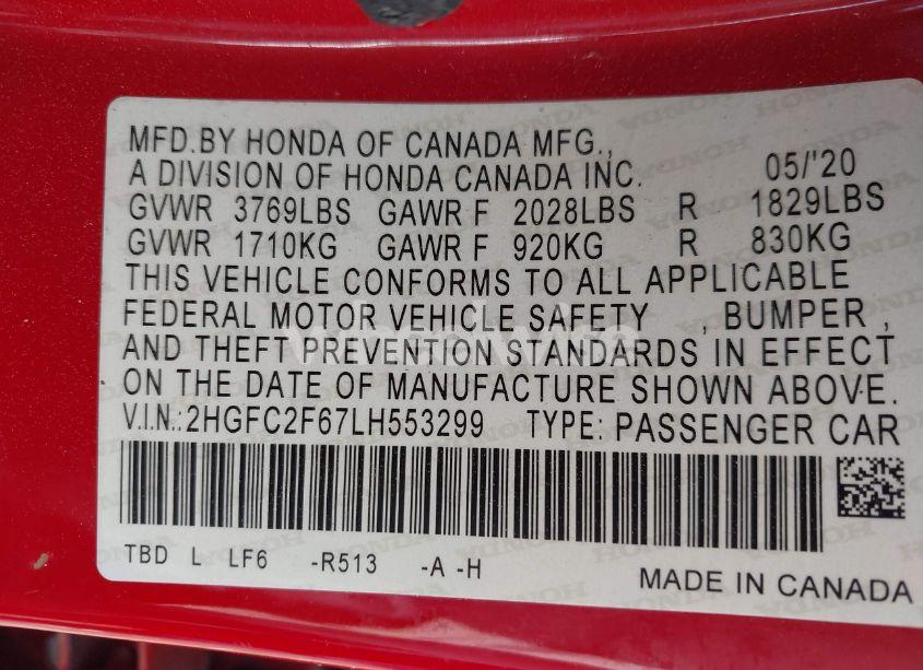 Photo 9 of 2020 Honda Civic LX (VIN 2HGFC2F67LH553299)