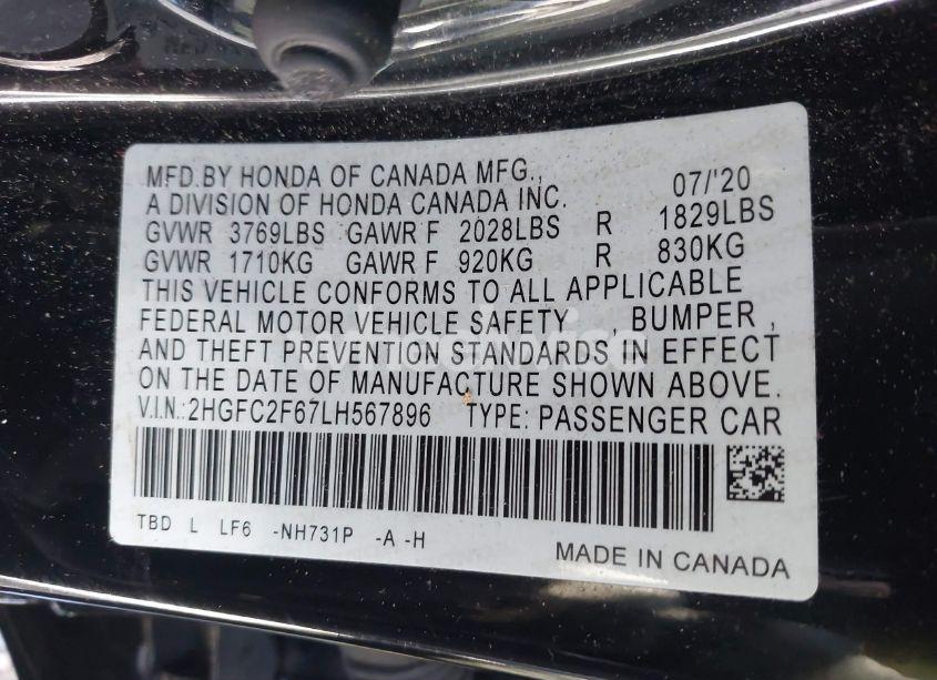 Photo 9 of 2020 Honda Civic LX (VIN 2HGFC2F67LH567896)