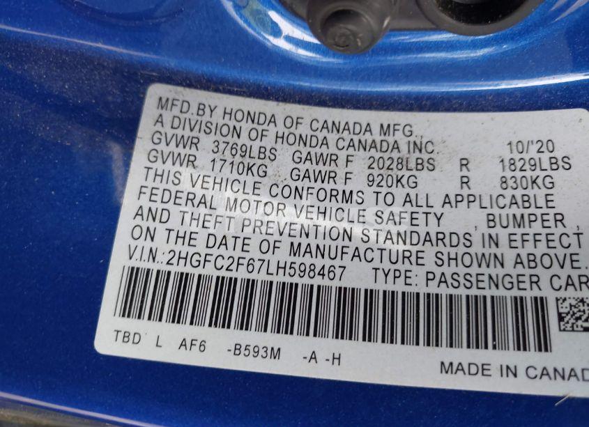Photo 9 of 2020 Honda Civic LX (VIN 2HGFC2F67LH598467)
