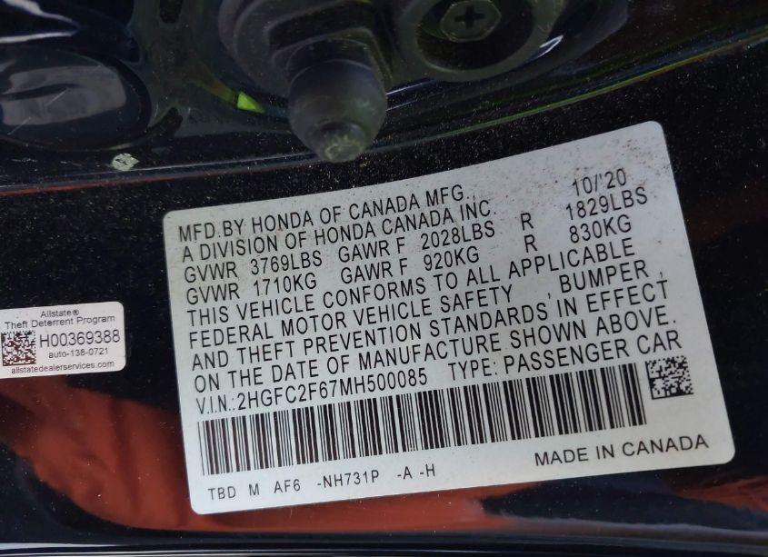 Photo 9 of 2021 Honda Civic LX (VIN 2HGFC2F67MH500085)