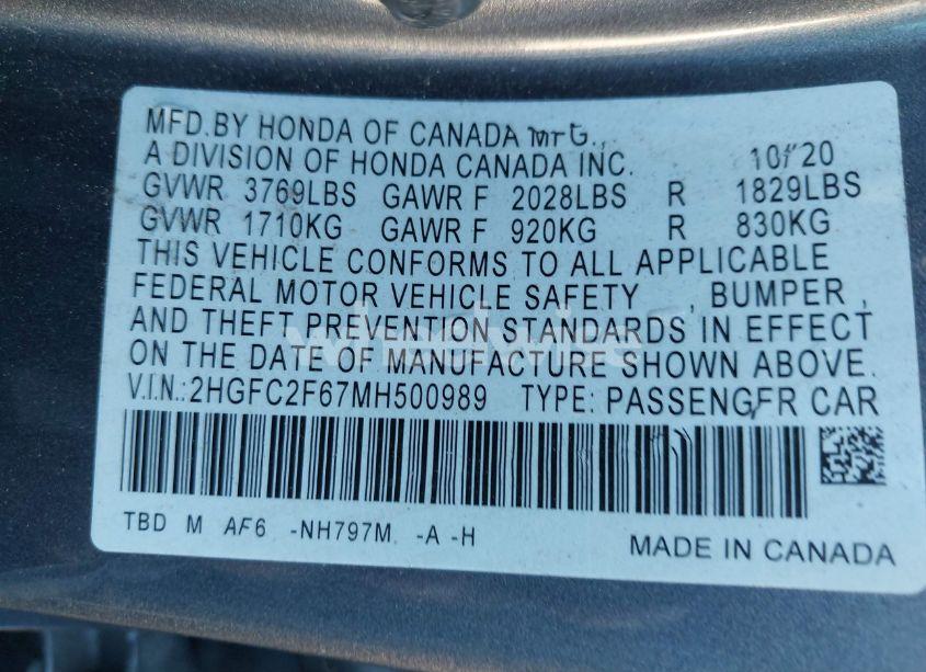 Photo 9 of 2021 Honda Civic LX (VIN 2HGFC2F67MH500989)