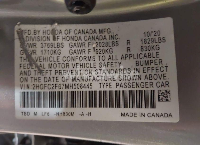 Photo 9 of 2021 Honda Civic LX (VIN 2HGFC2F67MH508445)