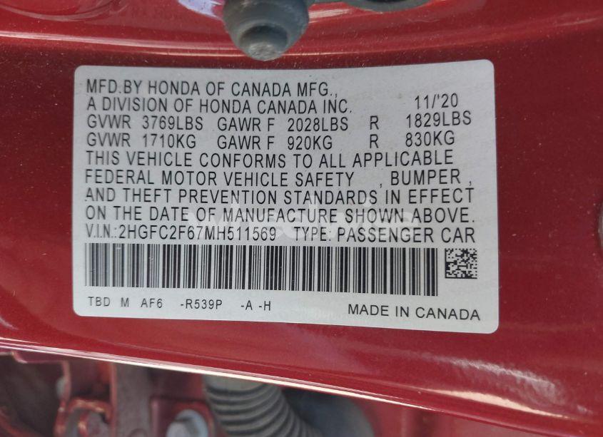 Photo 9 of 2021 Honda Civic LX (VIN 2HGFC2F67MH511569)