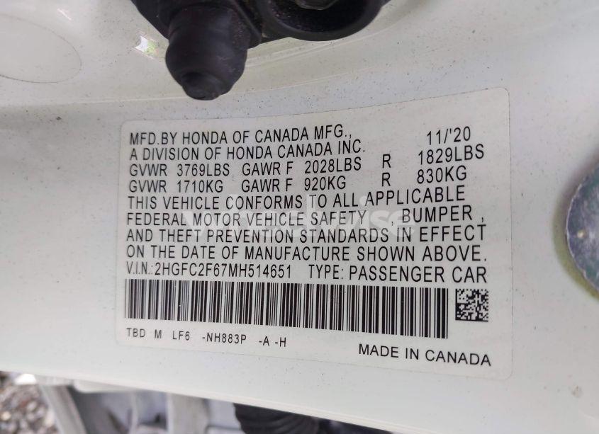 Photo 9 of 2021 Honda Civic LX (VIN 2HGFC2F67MH514651)