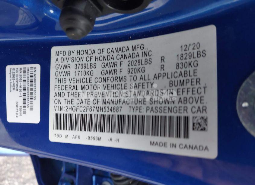 Photo 9 of 2021 Honda Civic LX (VIN 2HGFC2F67MH534687)