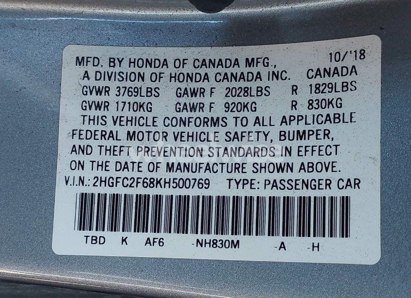 Photo 9 of 2019 Honda Civic LX (VIN 2HGFC2F68KH500769)