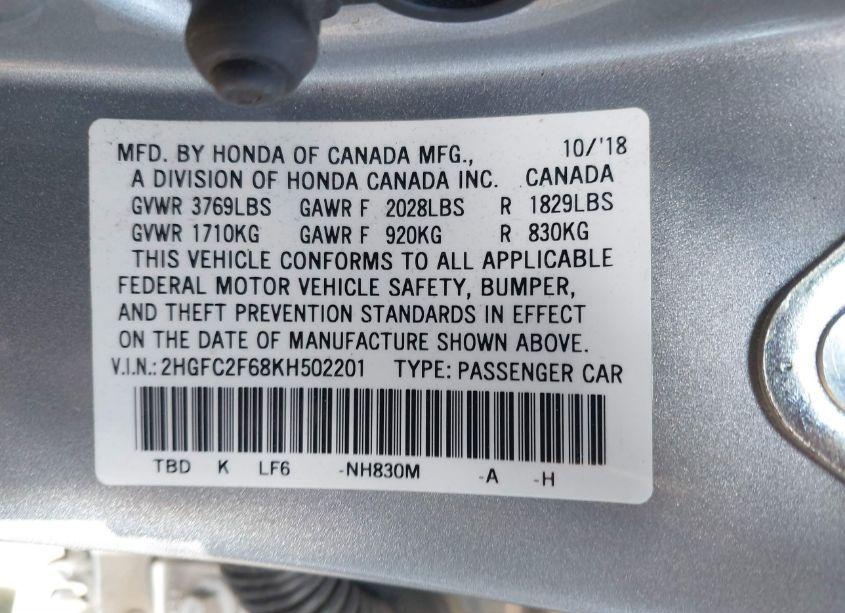 Photo 9 of 2019 Honda Civic LX (VIN 2HGFC2F68KH502201)