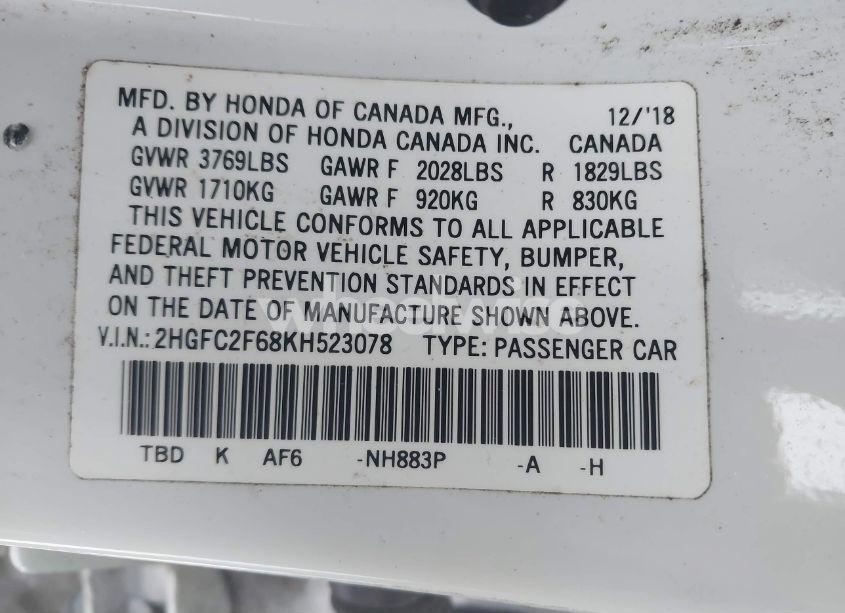 Photo 9 of 2019 Honda Civic LX (VIN 2HGFC2F68KH523078)