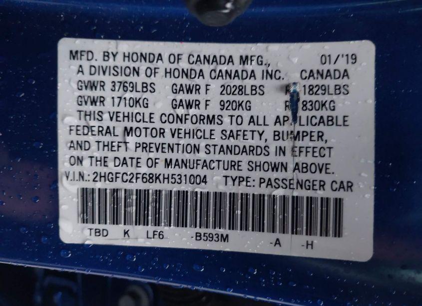 Photo 9 of 2019 Honda Civic LX (VIN 2HGFC2F68KH531004)